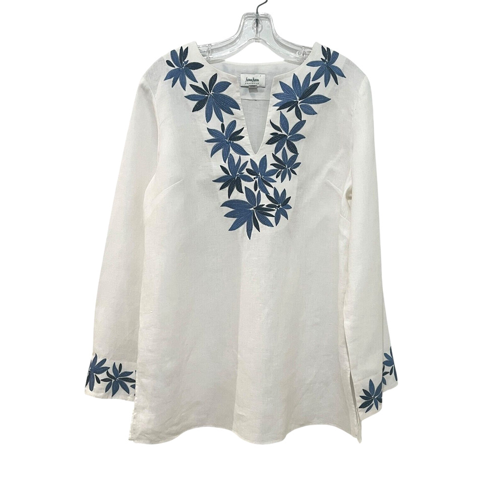 Neiman Marcus Women's White Linen Tunic Top Blue flower Embroidered Size 8